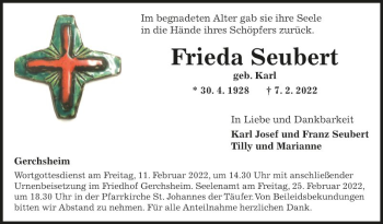 Traueranzeige von Frieda Seubert von Fränkische Nachrichten