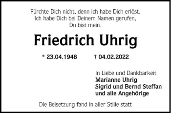 Traueranzeige von Friedrich Uhrig von Mannheimer Morgen