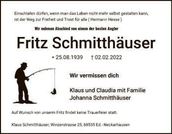Traueranzeige von Fritz Schmitthäuser von Mannheimer Morgen