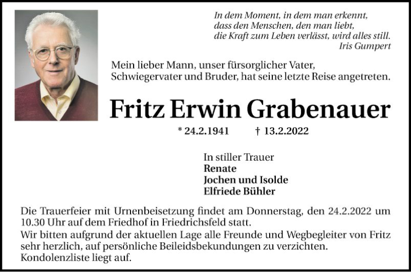  Traueranzeige für Fritz Erwin Grabenauer vom 19.02.2022 aus Mannheimer Morgen