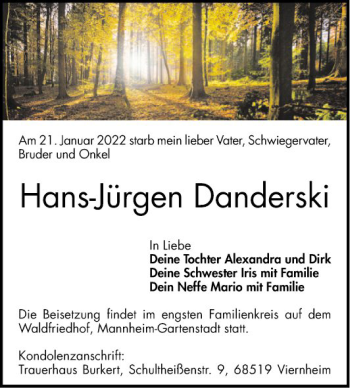 Traueranzeige von Hans-Jürgen Danderski von Mannheimer Morgen