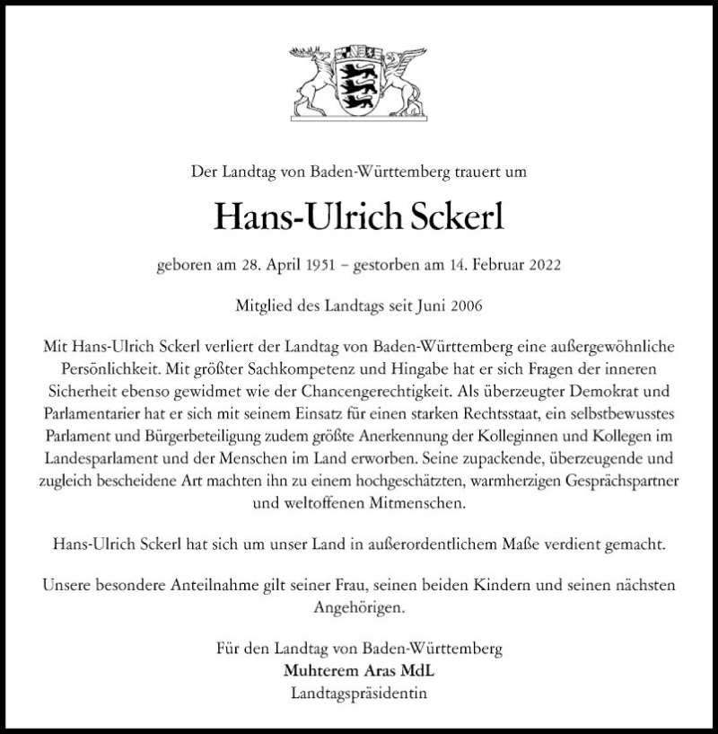  Traueranzeige für Hans-Ulrich Sckerl vom 19.02.2022 aus Mannheimer Morgen