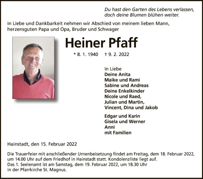  Traueranzeige für Heiner Pfaff vom 15.02.2022 aus Fränkische Nachrichten