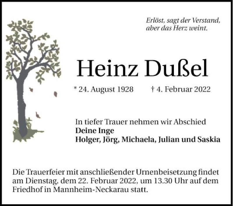  Traueranzeige für Heinz Dußel vom 19.02.2022 aus Mannheimer Morgen