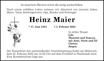 Traueranzeige von Heinz Maier von Schwetzinger Zeitung