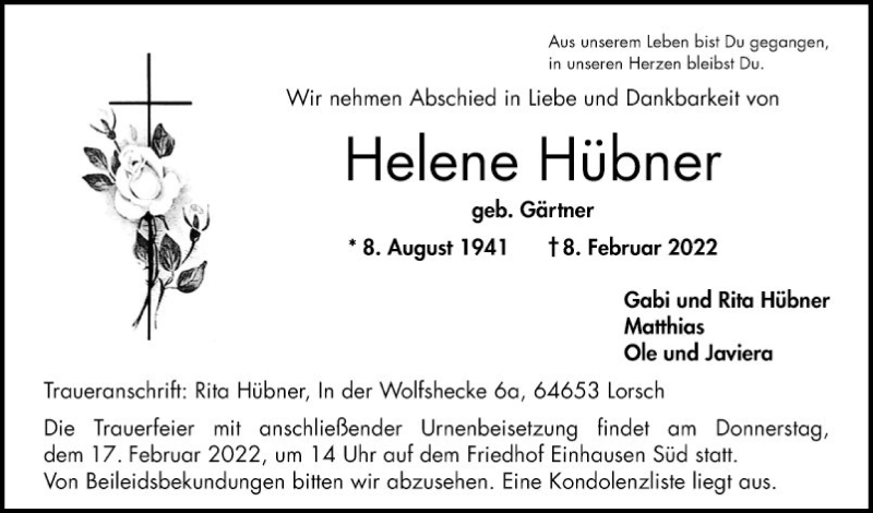  Traueranzeige für Helene Hübner vom 12.02.2022 aus Bergsträßer Anzeiger