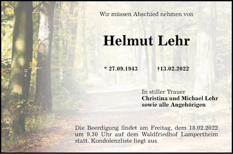  Traueranzeige für Helmut Lehr vom 16.02.2022 aus Mannheimer Morgen