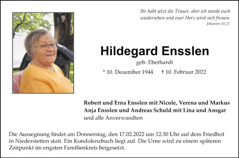  Traueranzeige für Hildegard Ensslen vom 15.02.2022 aus Fränkische Nachrichten
