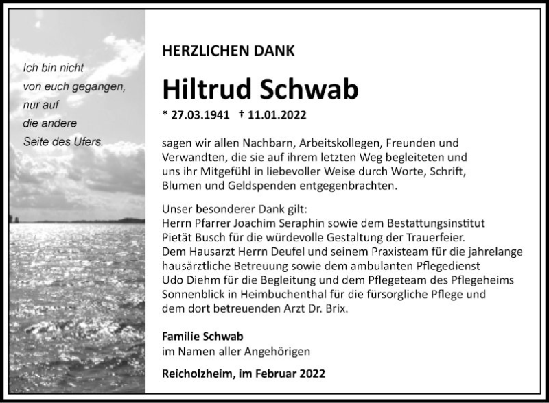  Traueranzeige für Hiltrud Schwab vom 05.02.2022 aus Fränkische Nachrichten