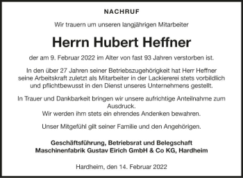 Traueranzeige von Hubert Heffner von Fränkische Nachrichten