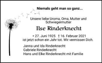 Traueranzeige von Ilse Rinderknecht von Mannheimer Morgen