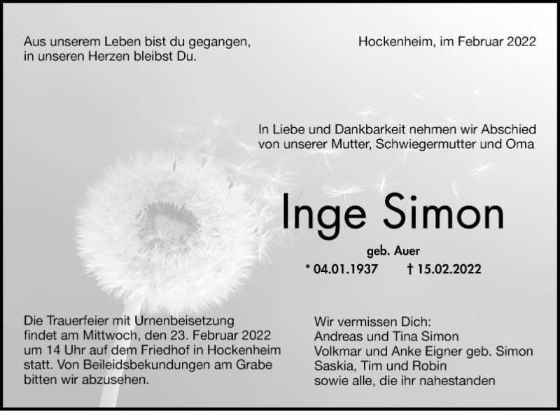  Traueranzeige für Inge Simon vom 19.02.2022 aus Schwetzinger Zeitung