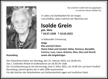 Traueranzeige von Isolde Grein von Fränkische Nachrichten