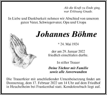 Traueranzeige von Johannes Böhme von Mannheimer Morgen