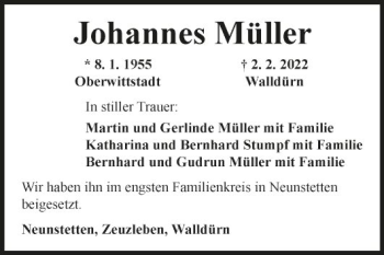 Traueranzeige von Johannes Müller von Fränkische Nachrichten