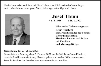 Traueranzeige von Josef Thum von Fränkische Nachrichten