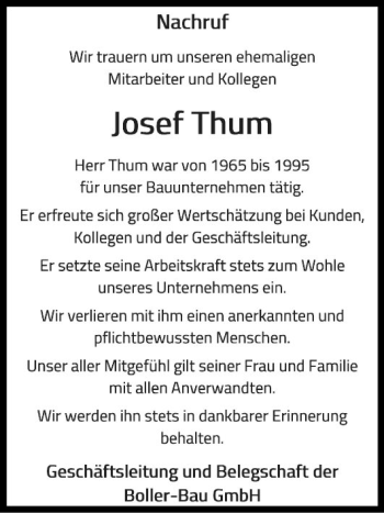 Traueranzeige von Josef Thum von Fränkische Nachrichten