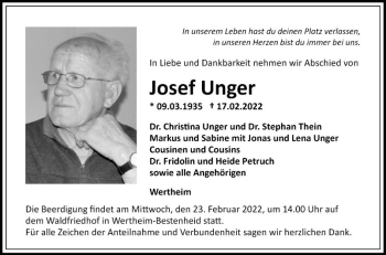 Traueranzeige von Josef Unger von Fränkische Nachrichten