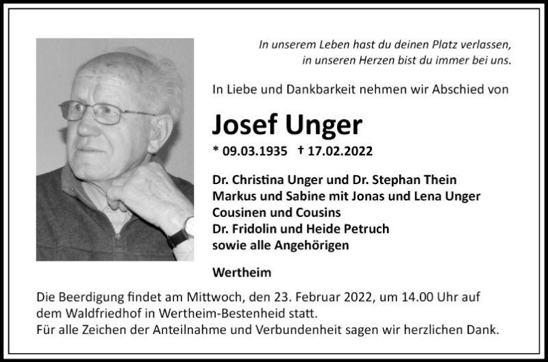  Traueranzeige für Josef Unger vom 19.02.2022 aus Fränkische Nachrichten