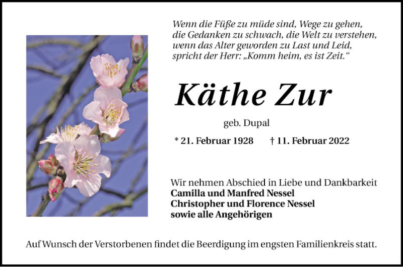  Traueranzeige für Käthe Zur vom 16.02.2022 aus Mannheimer Morgen
