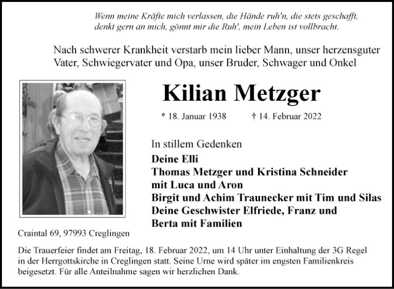  Traueranzeige für Kilian Metzger vom 16.02.2022 aus Fränkische Nachrichten