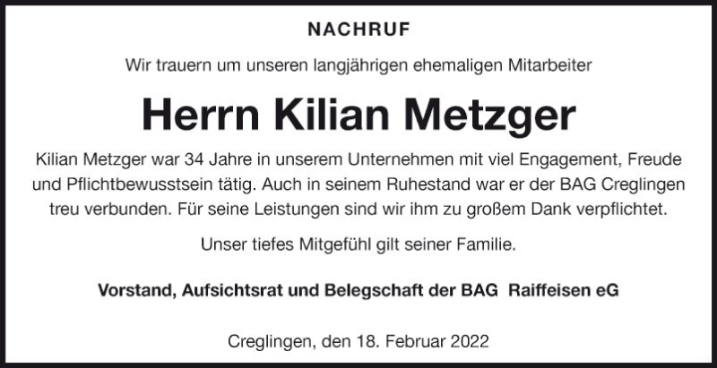  Traueranzeige für Kilian Metzger vom 18.02.2022 aus Fränkische Nachrichten