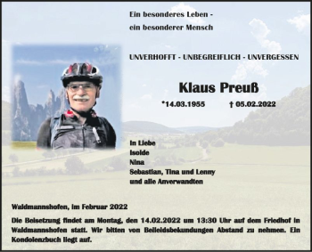 Traueranzeige von Klaus Preuß von Fränkische Nachrichten