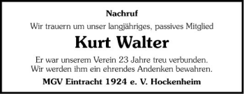 Traueranzeige von Kurt Walter von Schwetzinger Zeitung