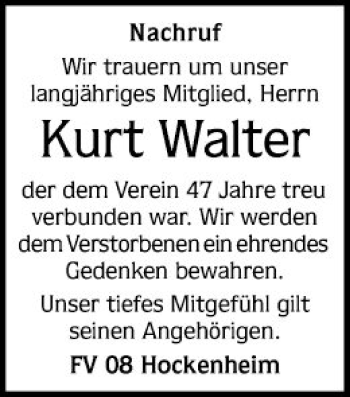 Traueranzeige von Kurt Walter von Schwetzinger Zeitung