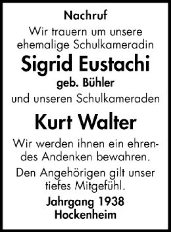 Traueranzeige von Kurt Walter von Schwetzinger Zeitung