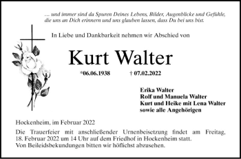 Traueranzeige von Kurt Walter von Schwetzinger Zeitung