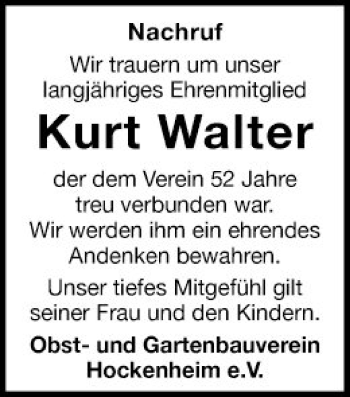 Traueranzeige von Kurt Walter von Schwetzinger Zeitung