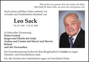 Traueranzeige von Leo Sack von Fränkische Nachrichten