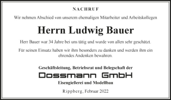 Traueranzeige von Ludwig Bauer von Fränkische Nachrichten