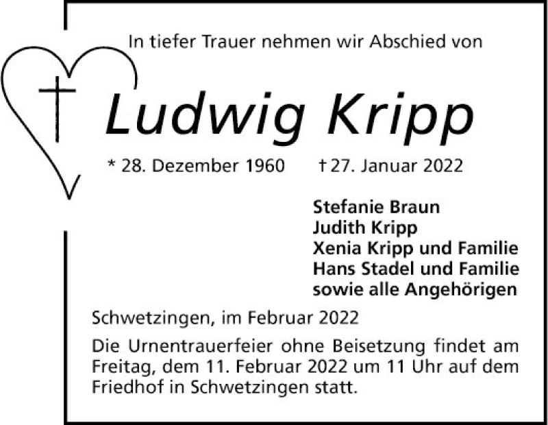  Traueranzeige für Ludwig Kripp vom 05.02.2022 aus Schwetzinger Zeitung