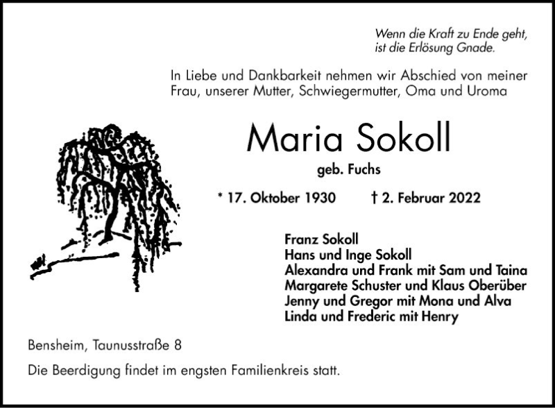  Traueranzeige für Maria Sokoll vom 12.02.2022 aus Bergsträßer Anzeiger