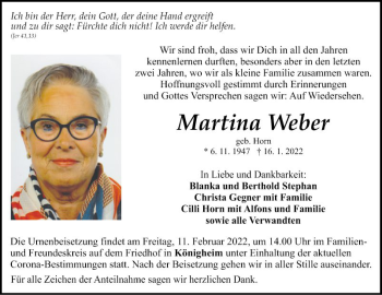 Traueranzeige von Martina Weber von Fränkische Nachrichten