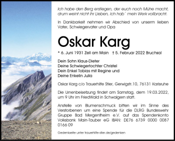 Traueranzeige von Oskar Karg von Fränkische Nachrichten