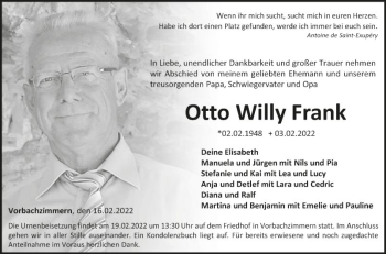 Traueranzeige von Otto Willy Frank von Fränkische Nachrichten