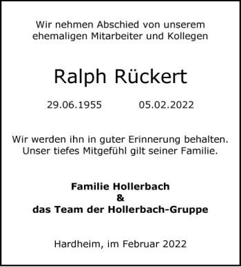 Traueranzeige von Ralph Rückert von Fränkische Nachrichten
