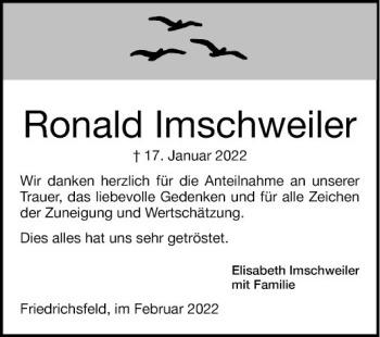 Traueranzeige von Ronald Imschweiler von Mannheimer Morgen