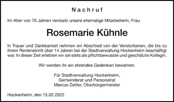 Traueranzeige von Rosemarie Kühnle von Schwetzinger Zeitung