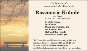 Traueranzeige von Rosemarie Kühnle von Schwetzinger Zeitung