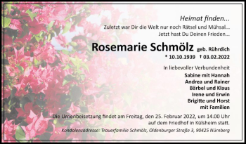 Traueranzeige von Rosemarie Schmölz von Fränkische Nachrichten