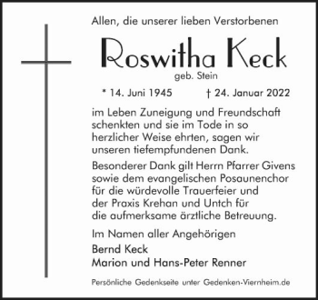 Traueranzeige von Roswitha Keck von Südhessen Morgen