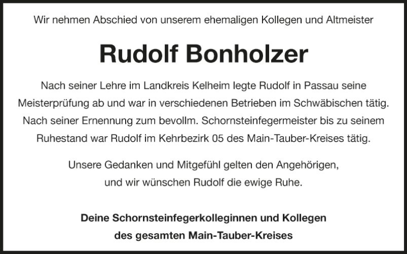  Traueranzeige für Rudolf Bonholzer vom 15.02.2022 aus Fränkische Nachrichten