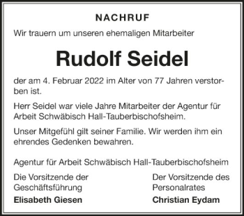 Traueranzeige von Rudolf Seidel von Fränkische Nachrichten