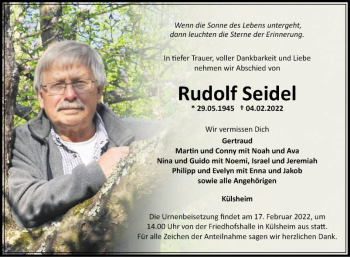 Traueranzeige von Rudolf Seidel von Fränkische Nachrichten