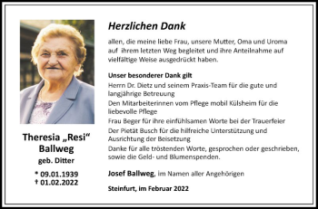 Traueranzeige von Theresia Ballweg von Fränkische Nachrichten