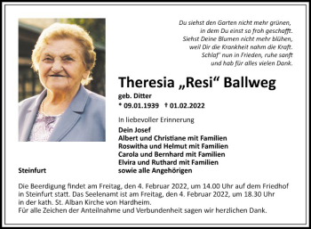 Traueranzeige von Theresia Resi Ballweg von Fränkische Nachrichten